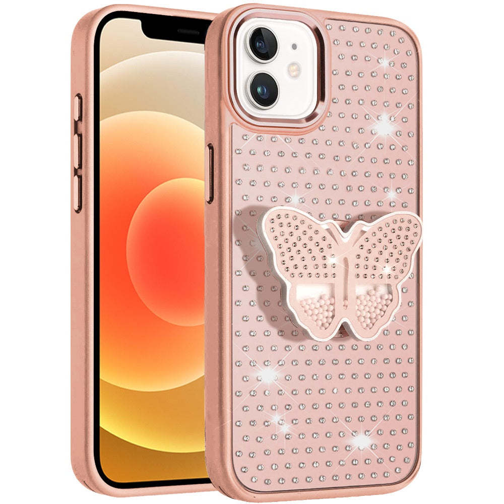 For Apple iPhone 16 (6.1") Butterfly Moveable Grip 3D Pop Stand Full Diamond Bling Sparkling TPU Fashion Hybrid Case Cover