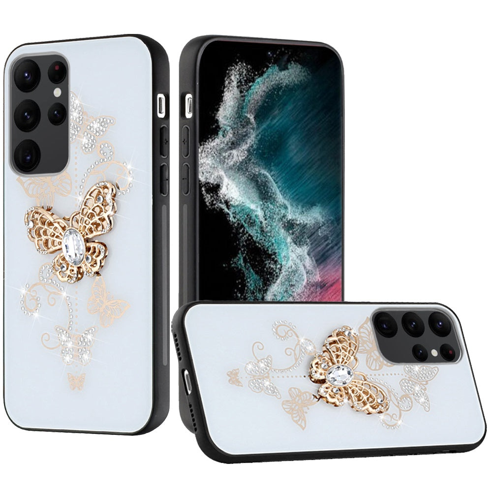 For Samsung Galaxy Z Fold 7 Diamonds 3D Butterfly Bling Sparkly Glitter Ornaments Engraving Hybrid Metal Fashion Case Cover White Garden Butterflies