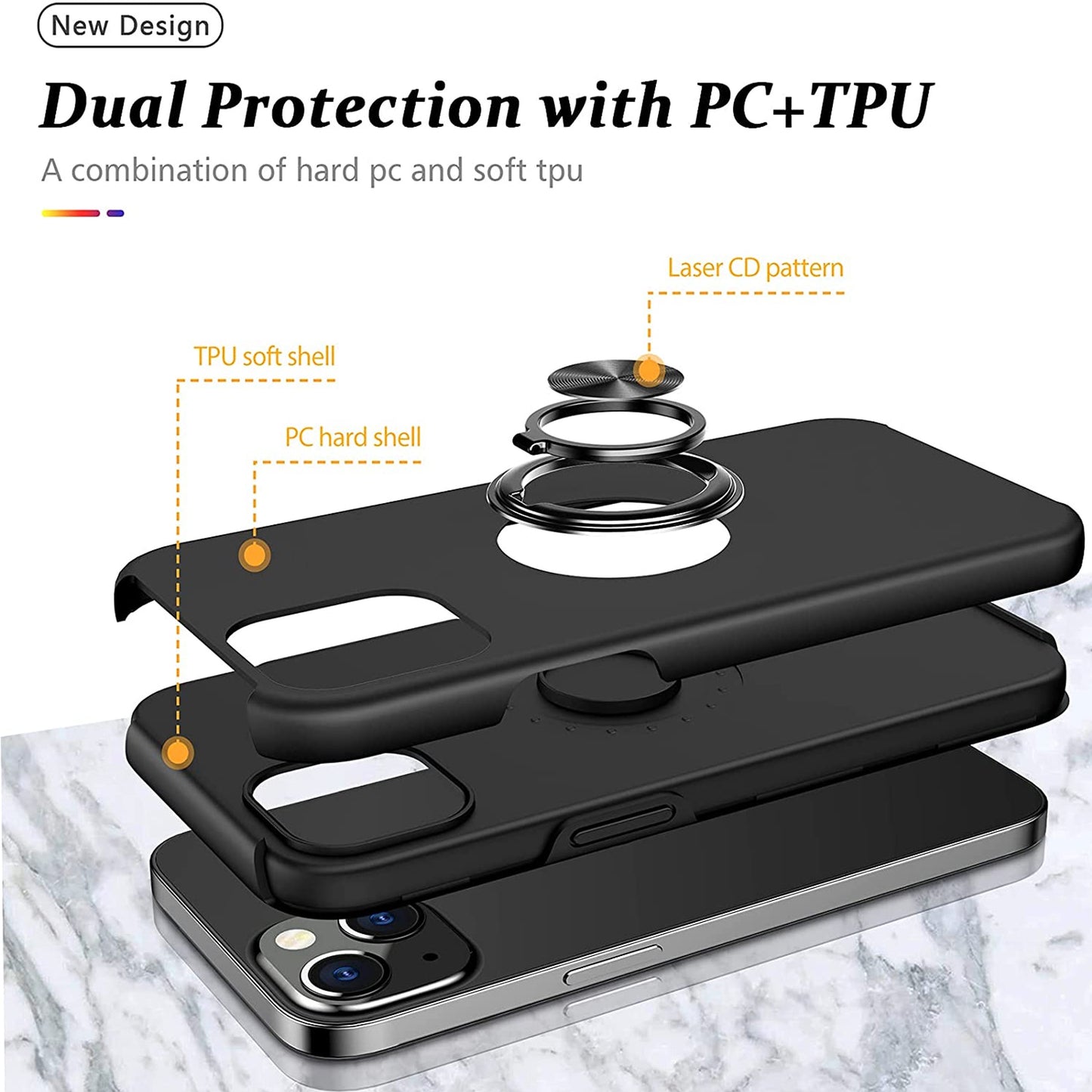 For Samsung Galaxy A03S Military Grade Hybrid Case with Flat Metal Ring 360° Rotation Kickstand, Slim Fit Back Hard PC Case Cover Black