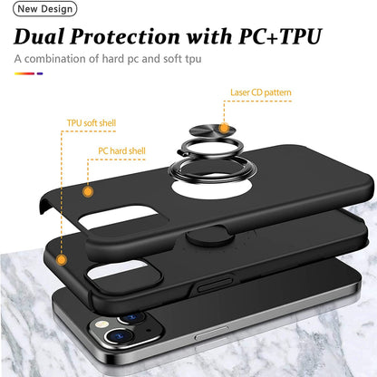 For Samsung Galaxy A03S Military Grade Hybrid Case with Flat Metal Ring 360° Rotation Kickstand, Slim Fit Back Hard PC Case Cover Black