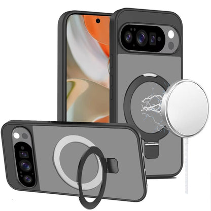 For Google Pixel 10 /Pixel 10 Pro Magnetic Circle Back with Ring Stand Full Rotation Matte Hybrid Shockproof Case Cover Black