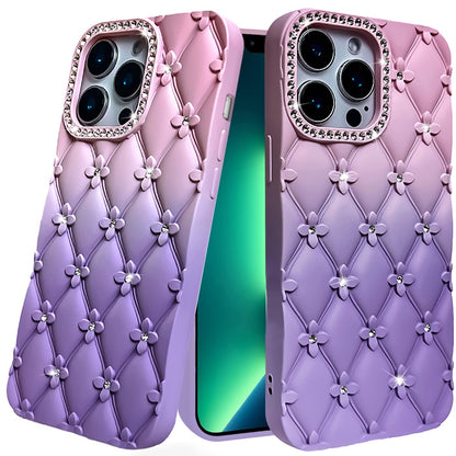 For Apple iPhone 11 Fashion Flower Design Sparkle Glitter Shimmer Rhinestone Bling Floral Accents, Leather Texture TPU Case Cover Light Pink /Light Purple