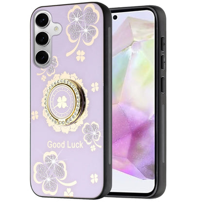 For Apple iPhone SE 4 Diamonds 3D Fashion Floral Bling Sparkly Glitter Ornaments Engraving Hybrid with Ring Stand Case Cover Purple Good Luck Floral