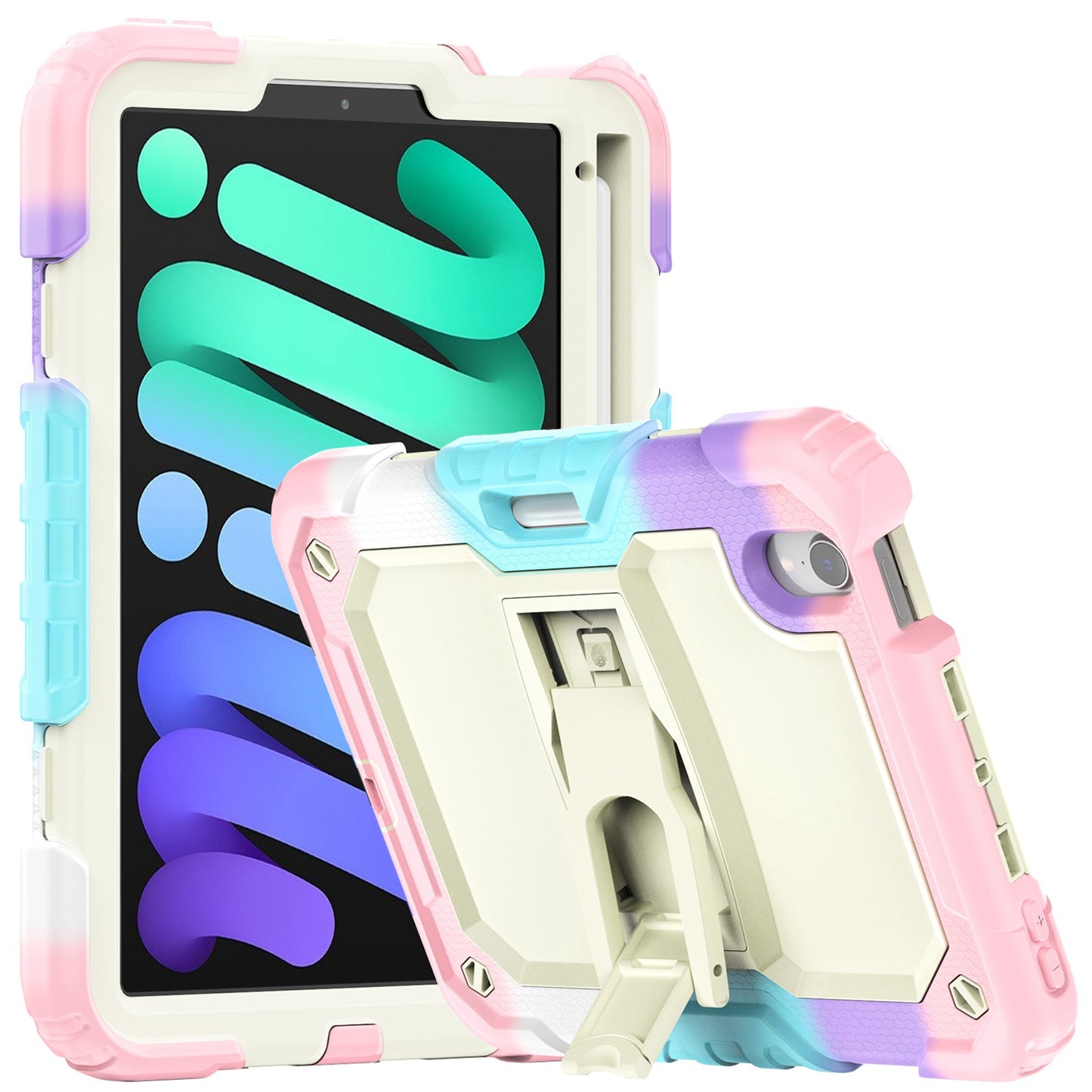For Heavy Duty Hybrid Full Body 2in1 Rugged Shockproof Drop Protective Tablet with Slide Kickstand Beige / Camo Pink Tablet Case Cover