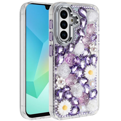 For Samsung Galaxy A16 5G Fashion Daisy Floral Series, Full 3D Bling Crystal Diamonds Sparkling Rhinestone Glitter Hybrid Design Case Cover