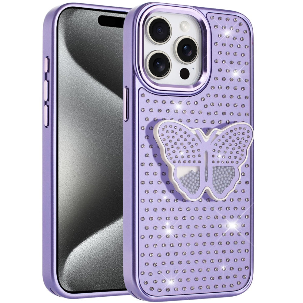 For Apple iPhone 16 Pro Max Butterfly Moveable Grip 3D Pop Stand Full Diamond Bling Sparkling TPU Fashion Hybrid Case Cover