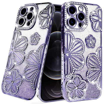 For Samsung Galaxy A16 Luxury Flower Design Sparkle Glitter Diamond Rhinestone Shimmer Bling Plating Thick TPU Hard PC Case Cover Flower Purple