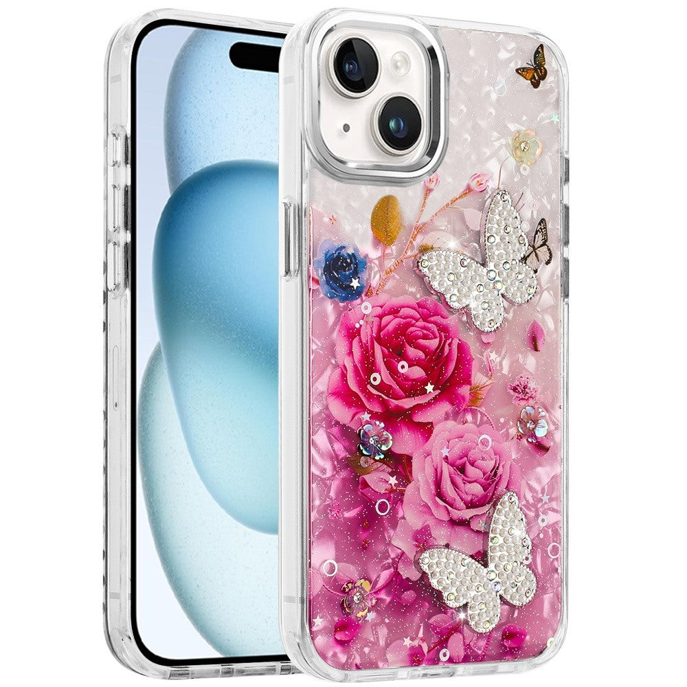 For Apple iPhone 11 Epoxy Glitter Flowers Bling 3D Butterfly Fashion TPU Hybrid with Shockproof Protection Case Cover