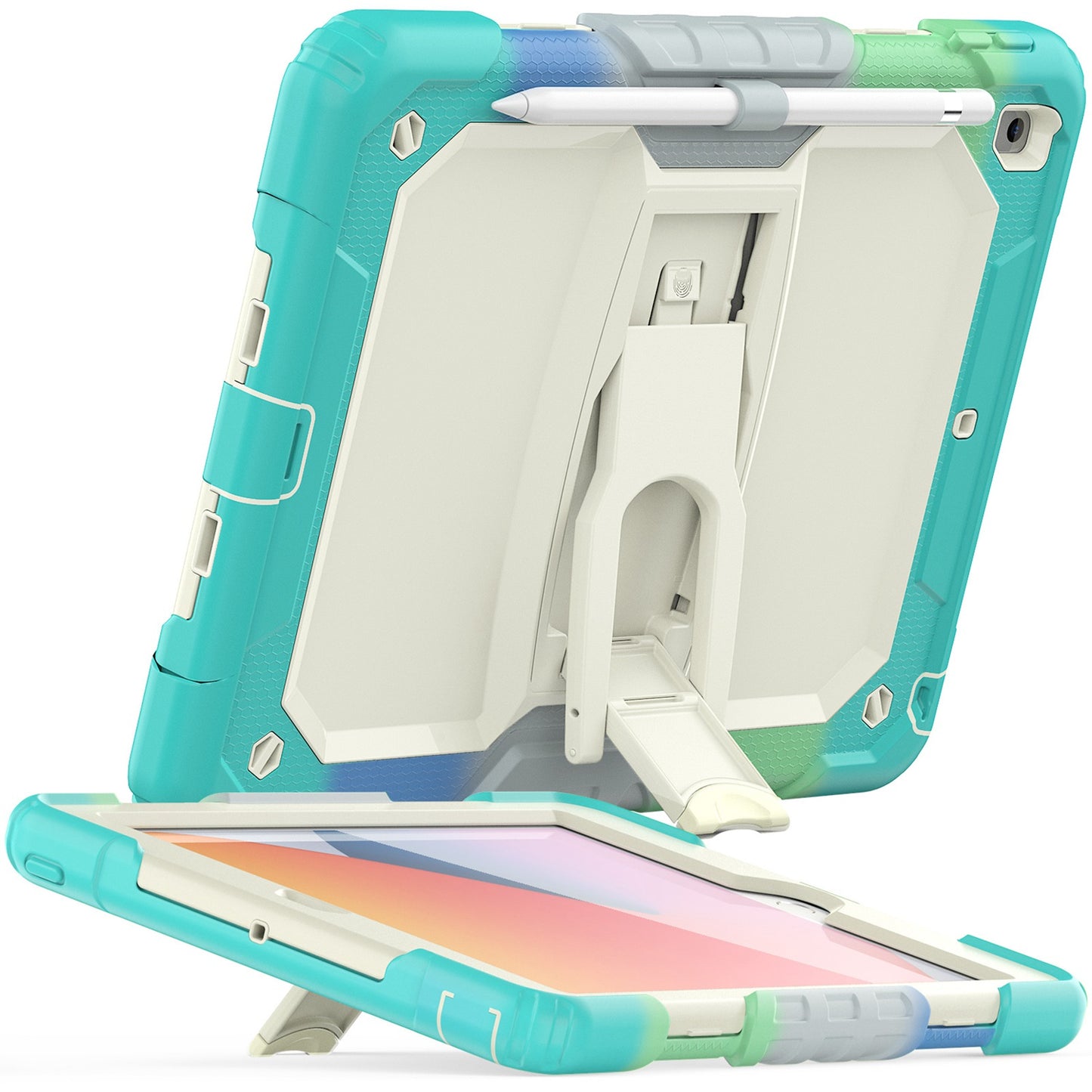 For Heavy Duty Hybrid Full Body 2in1 Rugged Shockproof Drop Protective Tablet with Slide Kickstand Beige / Camo Mint Tablet Case Cover
