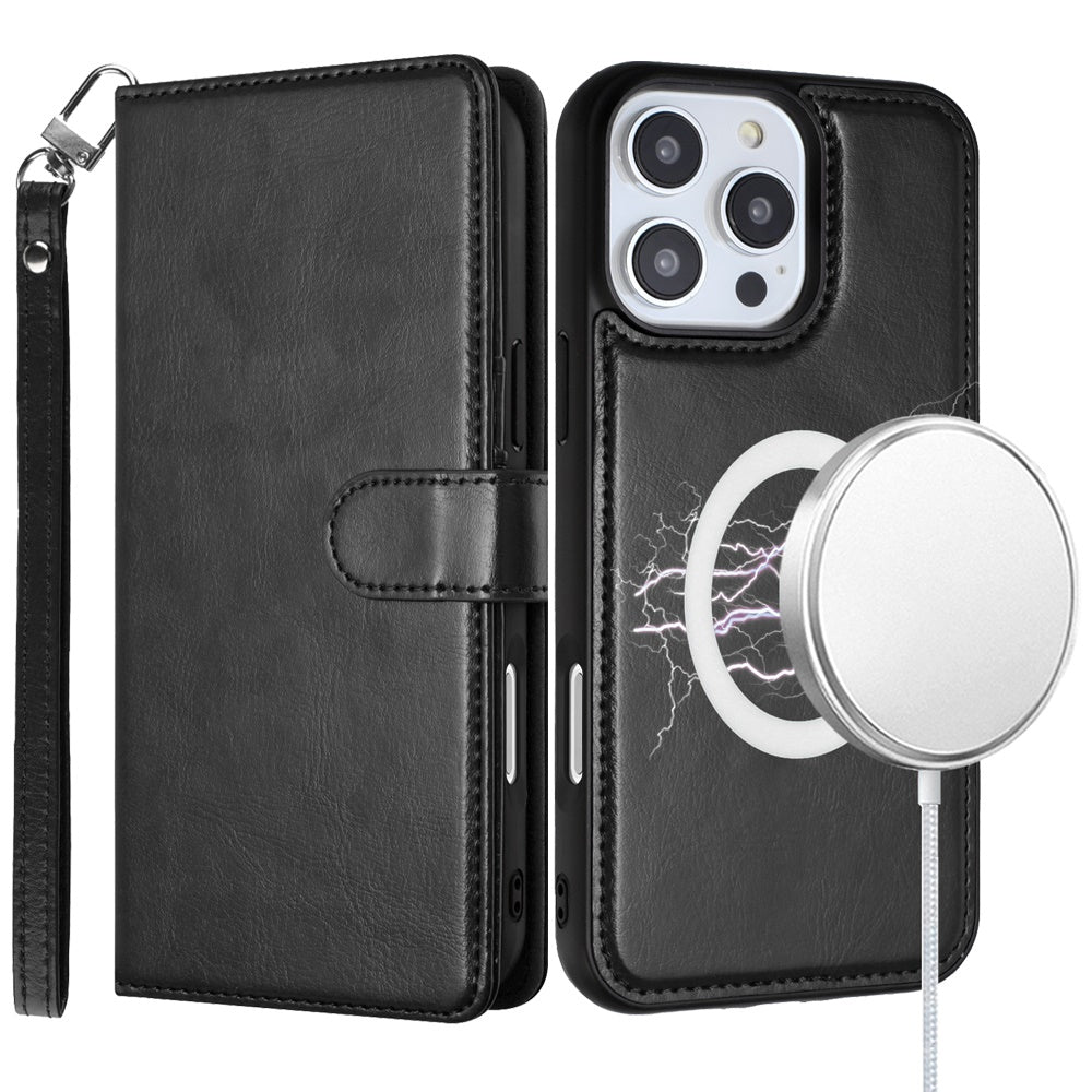 For Apple iPhone 16 Plus (6.7") Deattachable PU Leather Hybrid Wallet Money Credit Card Holder Support Magsafe Charger Case Cover Black