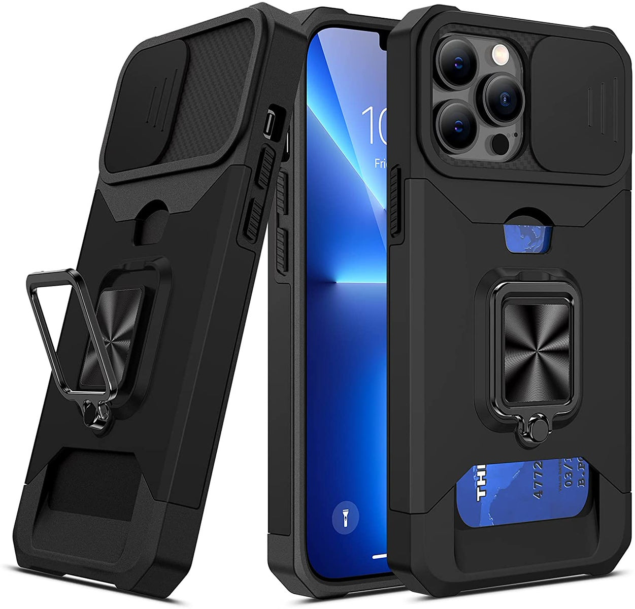 For Apple iPhone 16e /iPhone SE4 Wallet Case with Slide Camera Protector, Credit Card Slot, Ring Sand, Magnetic Car Mount Case Cover