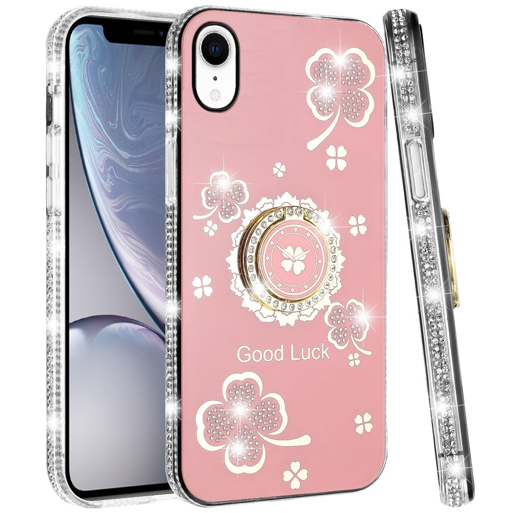 For Apple iPhone XR Diamonds Bling All Around Edges Sparkly Glitter Hybrid Ring Stand Holder Fashion Good Luck Case Cover
