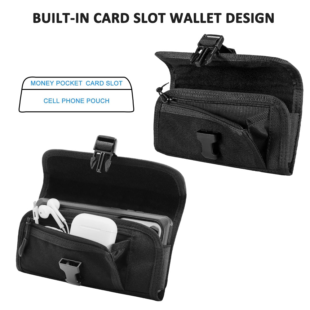 For Apple iPhone 16 Plus (6.7") Universal Phone Holder Horizontal Nylon Pouch [Front Buckle & Zipper Compartment] with Belt Clip Holster Loops, XXL Screen Size 7" [Black]