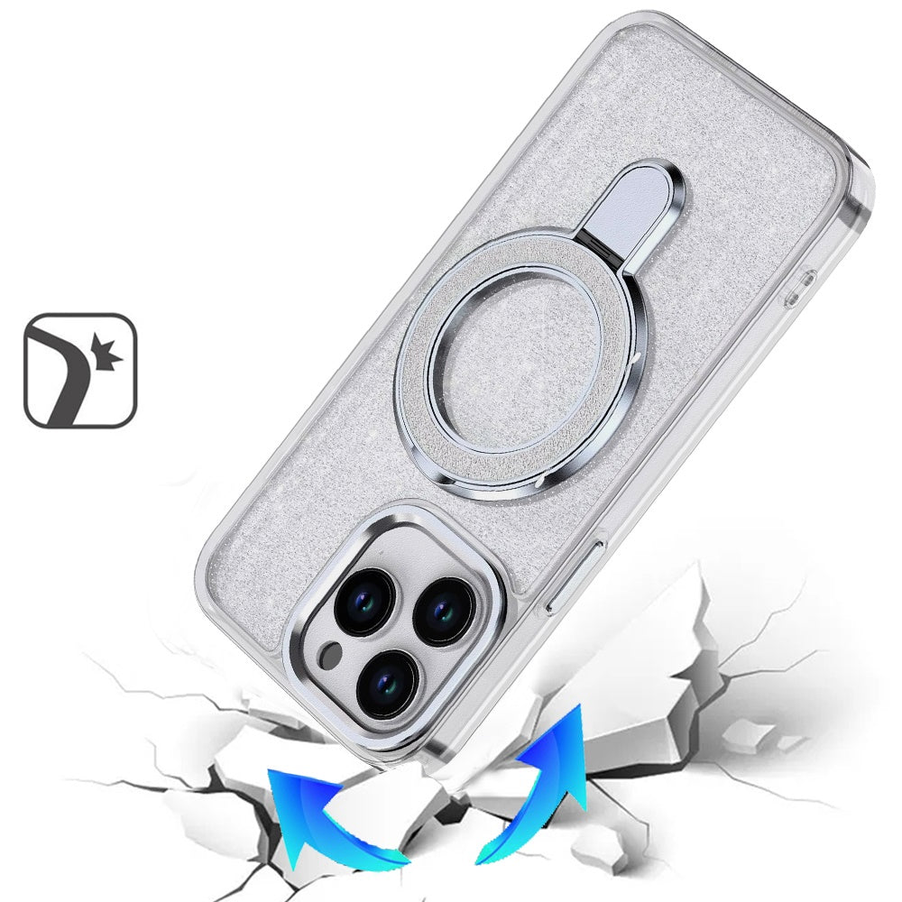 For Apple iPhone 13 Pro Max Transparent Glitter Bling Case with Rotating Magnetic Ring Stand, Shockproof Hybrid Case Cover