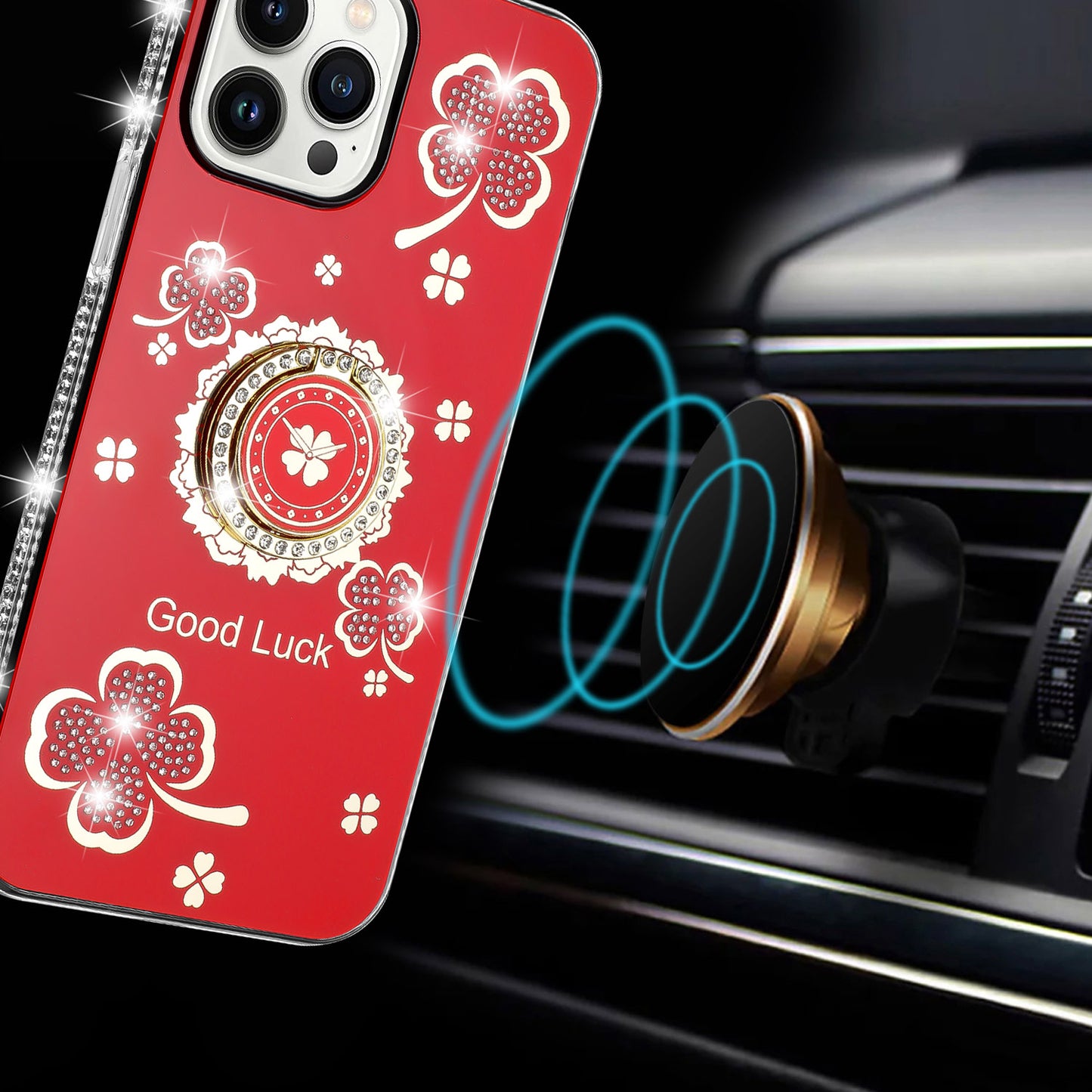 For Apple iPhone XR Diamonds Bling All Around Edges Sparkly Glitter Hybrid Ring Stand Holder Fashion Good Luck Case Cover