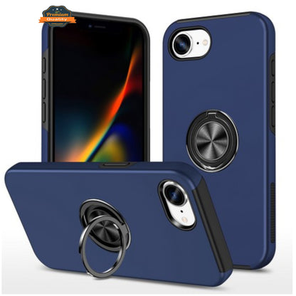 For Apple iPhone 16e /iPhone SE4 Military Grade Hybrid Case with Flat Metal Ring 360° Rotation Kickstand, Slim Fit Back Hard PC Case Cover