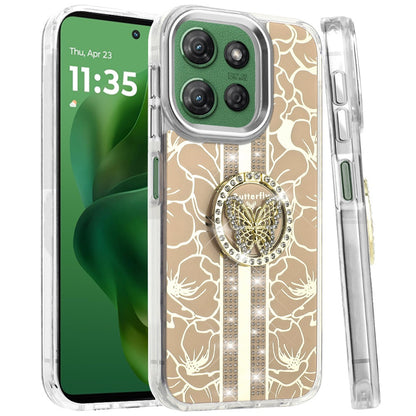 For Motorola Edge 2025 Diamonds 3D Butterfly Floral Design Bling Sparkly Glitter Hybrid Metal Fashion with Ring Stand Case Cover