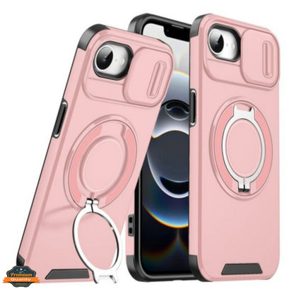 For Apple iPhone 16e /iPhone SE4 Hybrid Case with 360° Magnetic Ring Stand, Camera Slide Protector & Compatible with MagSafe Protector