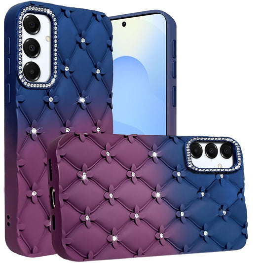 For Samsung Galaxy S25+ /S25 Plus /S24+ Plus Fashion Flower Design Sparkle Glitter Shimmer Rhinestone Bling Floral Accents, Leather Texture TPU Case Cover Dark Blue /Burgundy