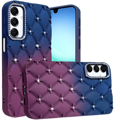 For Samsung Galaxy A17 5G Fashion Flower Design Sparkle Glitter Shimmer Rhinestone Bling Floral Accents, Leather Texture TPU Case Cover