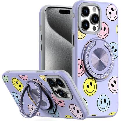 For Apple iPhone 16 (6.1") Pattern Design Hybrid with Invisible Ring Stand & Magnetic Back, Shockproof Protective Grip Case Cover