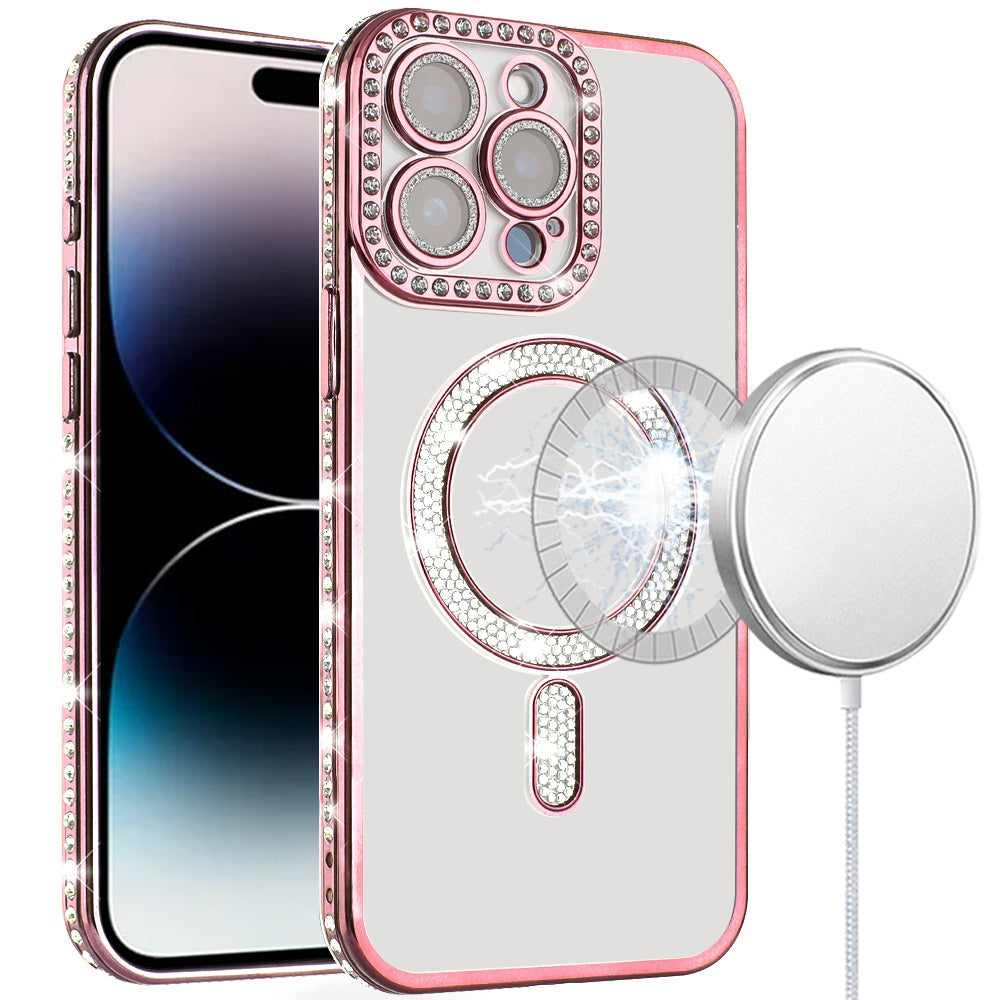 For Apple iPhone 15 Pro Max Bling Case with Diamond Magnetic Circle, Transparent Slim Shockproof Hybrid Slim Fit Case Cover