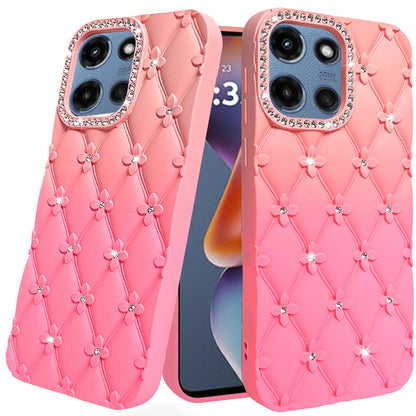 For Motorola Edge 2025 Fashion Flower Design Sparkle Glitter Shimmer Rhinestone Bling Floral Accents, Leather Texture TPU Case Cover
