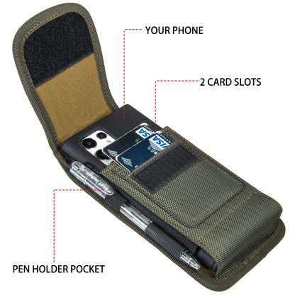 For Apple iPhone 16 Pro (6.3") Universal Nylon Pouch Case Vertical Phone Holster with Dual Card Slots, Pen Holder, Belt Clip Loop & Hook Cover [Green]