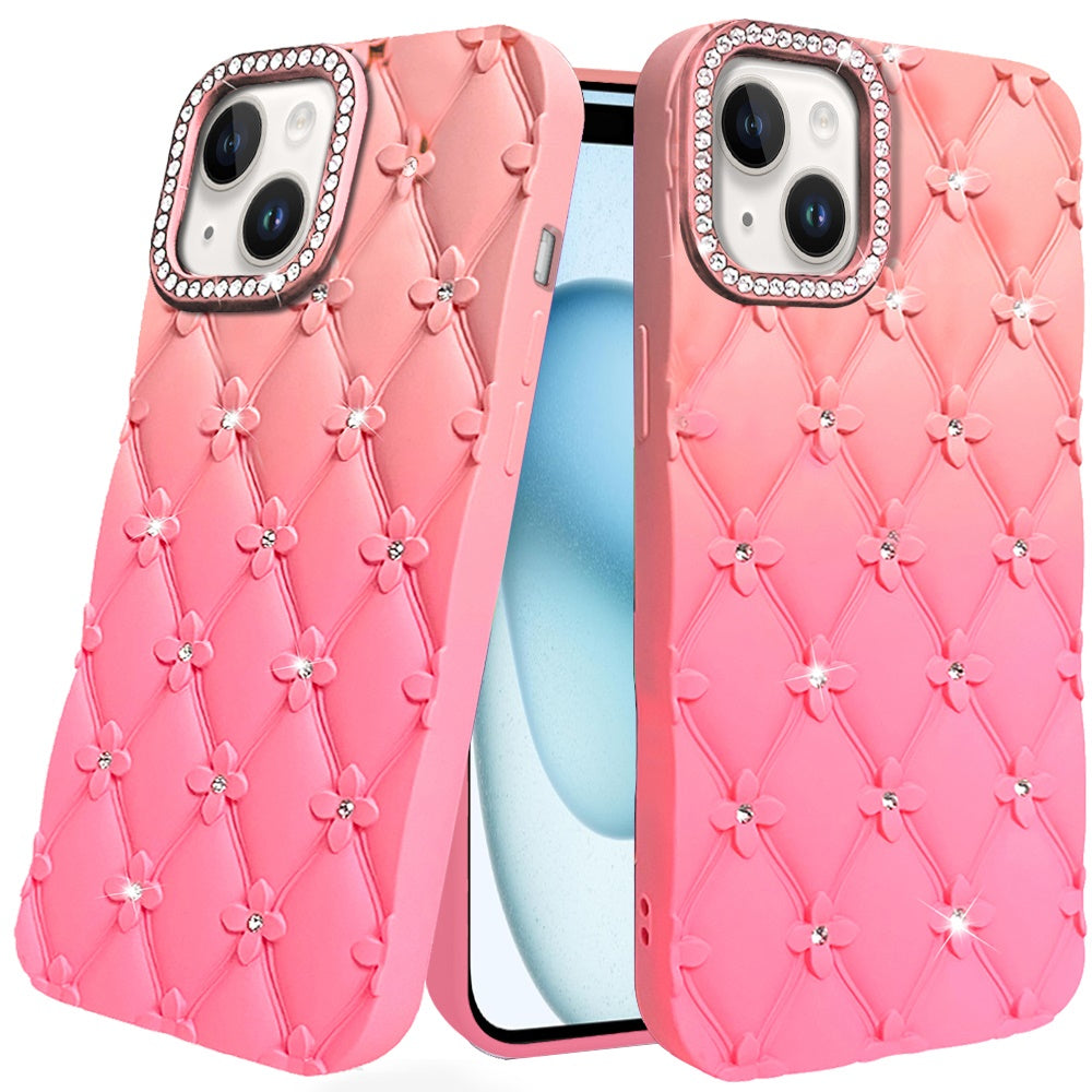 For Apple iPhone SE 4 Fashion Flower Design Sparkle Glitter Shimmer Rhinestone Bling Floral Accents, Leather Texture TPU Case Cover