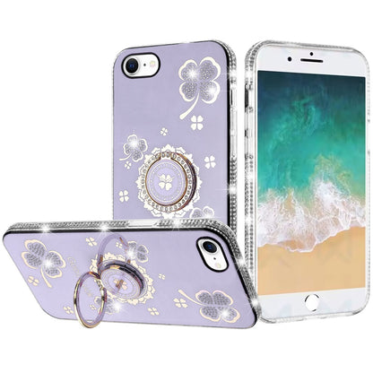 For Apple iPhone 16e Diamonds Bling All Around Edges Sparkly Glitter Hybrid with Ring Stand Holder Fashion Good Luck Case Cover