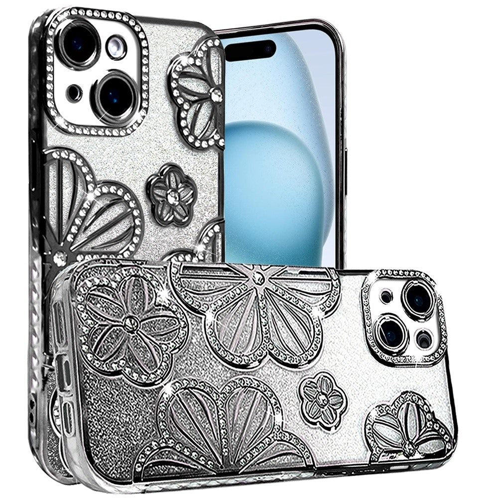 For Apple iPhone 15 /6.1" Luxury Floral Design Sparkle Glitter Diamond Crystal Rhinestone Shimmer Bling Plating Thick TPU Hard PC Case Cover