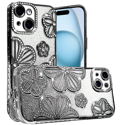For Apple iPhone 15 /6.1" Luxury Floral Design Sparkle Glitter Diamond Crystal Rhinestone Shimmer Bling Plating Thick TPU Hard PC Case Cover