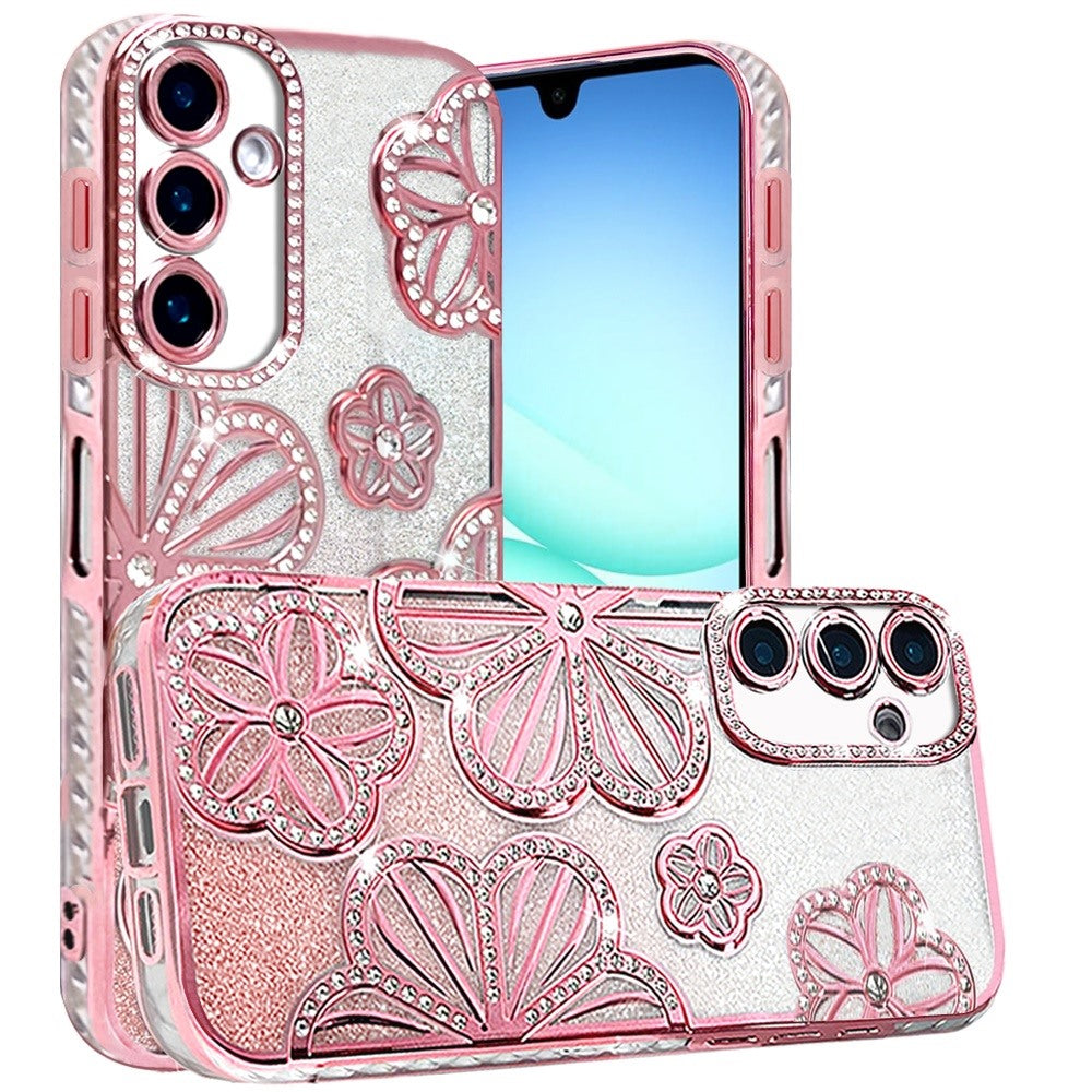 For Samsung Galaxy A17 5G Luxury Flower Design Sparkle Glitter Diamond Rhinestone Shimmer Bling Plating Thick TPU Hard PC Case Cover