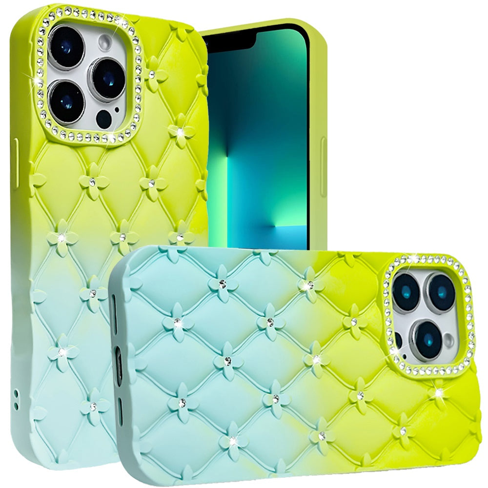 For Apple iPhone 15 /6.1" Fashion Flower Design Sparkle Glitter Shimmer Rhinestone Bling Leather Feel Thick TPU Rubber Hard PC Case Cover