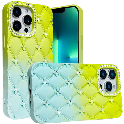 For Apple iPhone 14 / iPhone 13 (6.1") Fashion Flower Design Sparkle Glitter Shimmer Rhinestone Bling Leather Feel Thick TPU Rubber Hard PC Case Cover