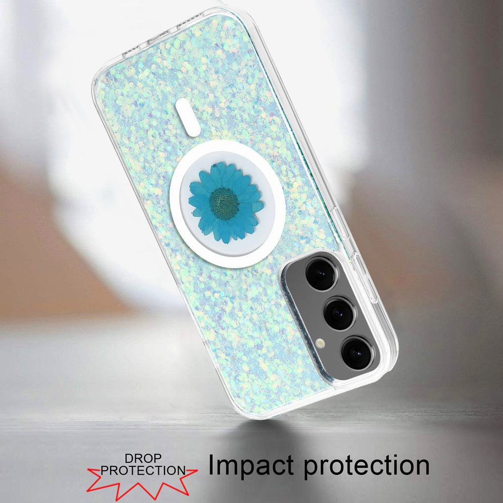 For Samsung Galaxy S25+ /S25 Plus /S24+ Plus MagSafe Compatible Glitter Flower Epoxy Hybrid Slim TPU Case, Magnetic Circle Design, Sparkly Bling Protective Case Cover