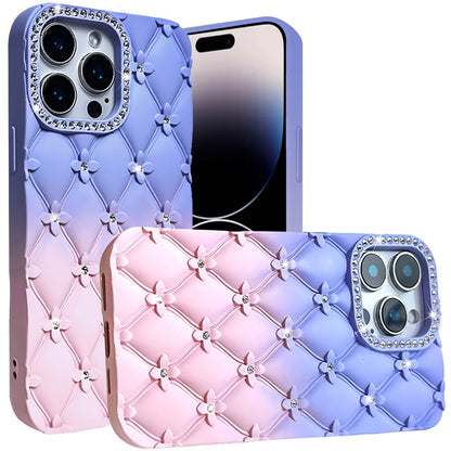 For Apple iPhone 15 Pro Max (6.7") Fashion Flower Design Sparkle Glitter Shimmer Rhinestone Bling Leather Feel Thick TPU Rubber Hard PC Case Cover