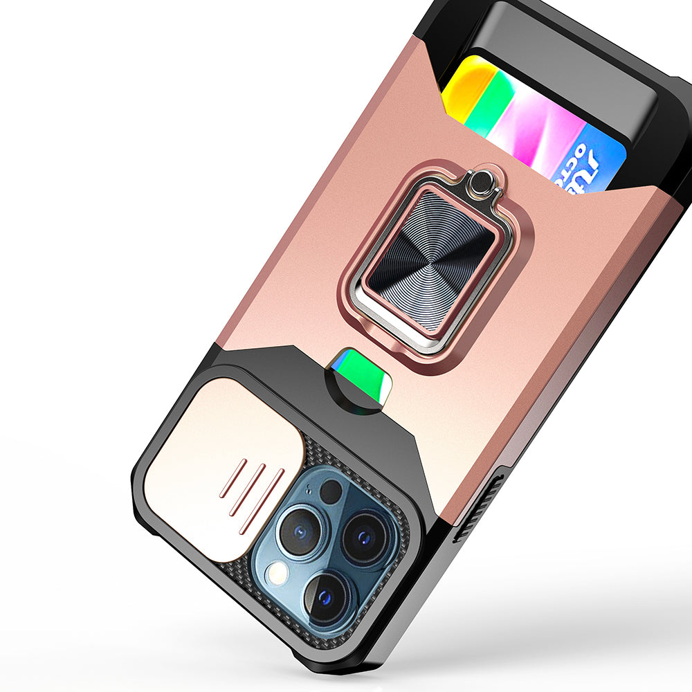 For Apple iPhone 16e Wallet Case with Ring Stand & Slide Camera Cover Back Credit Card Slot Holder, Military Grade Case Cover Rose Gold