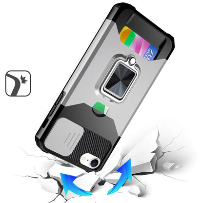 For Apple iPhone 16e Wallet Case with Ring Stand & Slide Camera Cover Back Credit Card Slot Holder, Military Grade Case Cover Silver