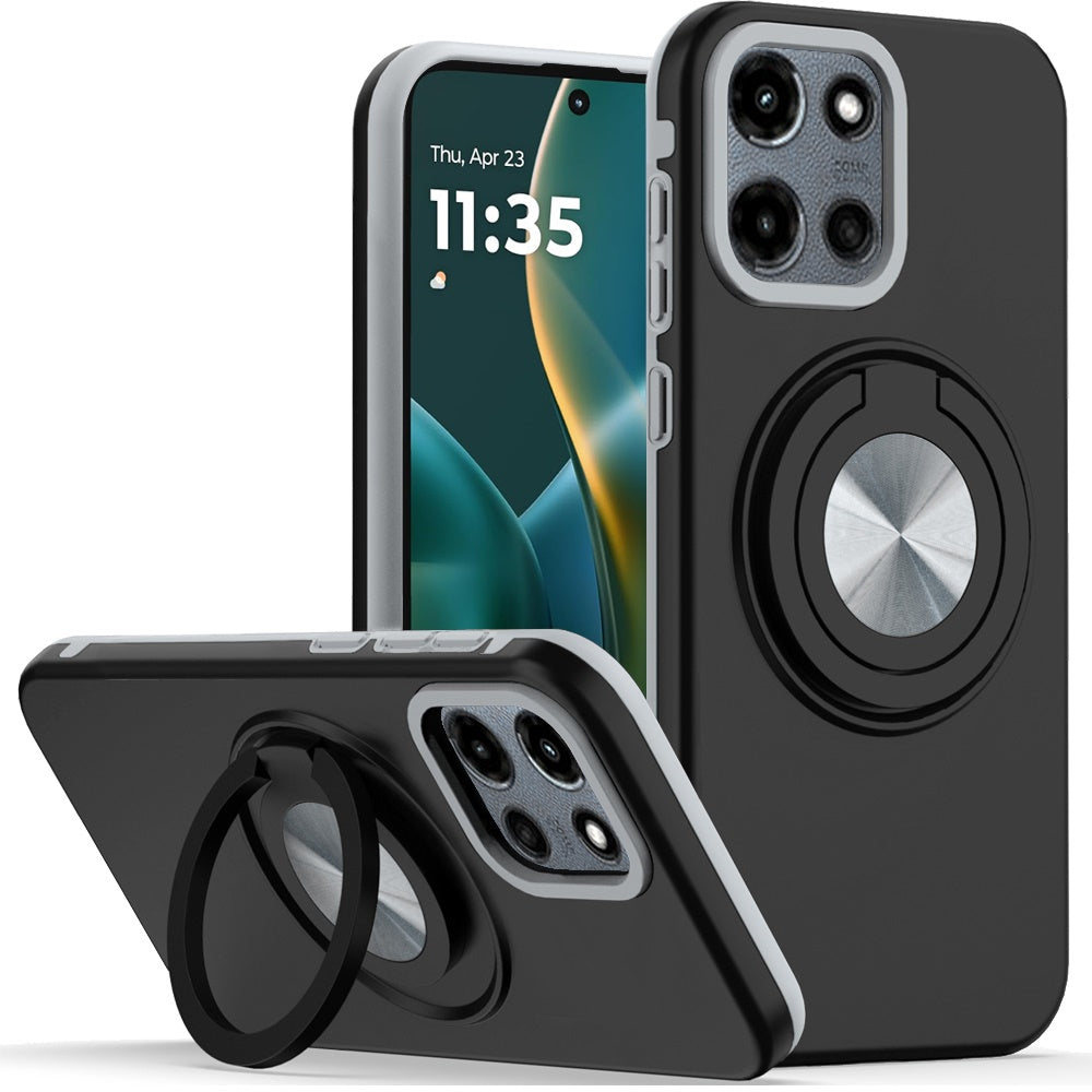 For Motorola Edge 2025 Metal Matte Hybrid with Invisible Rotational Ring Stand, Car Mount Friendly, Military Grade Slim Fit Sturdy Case Cover