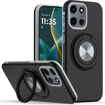 For Motorola Edge 2025 Metal Matte Hybrid with Invisible Rotational Ring Stand, Car Mount Friendly, Military Grade Slim Fit Sturdy Case Cover