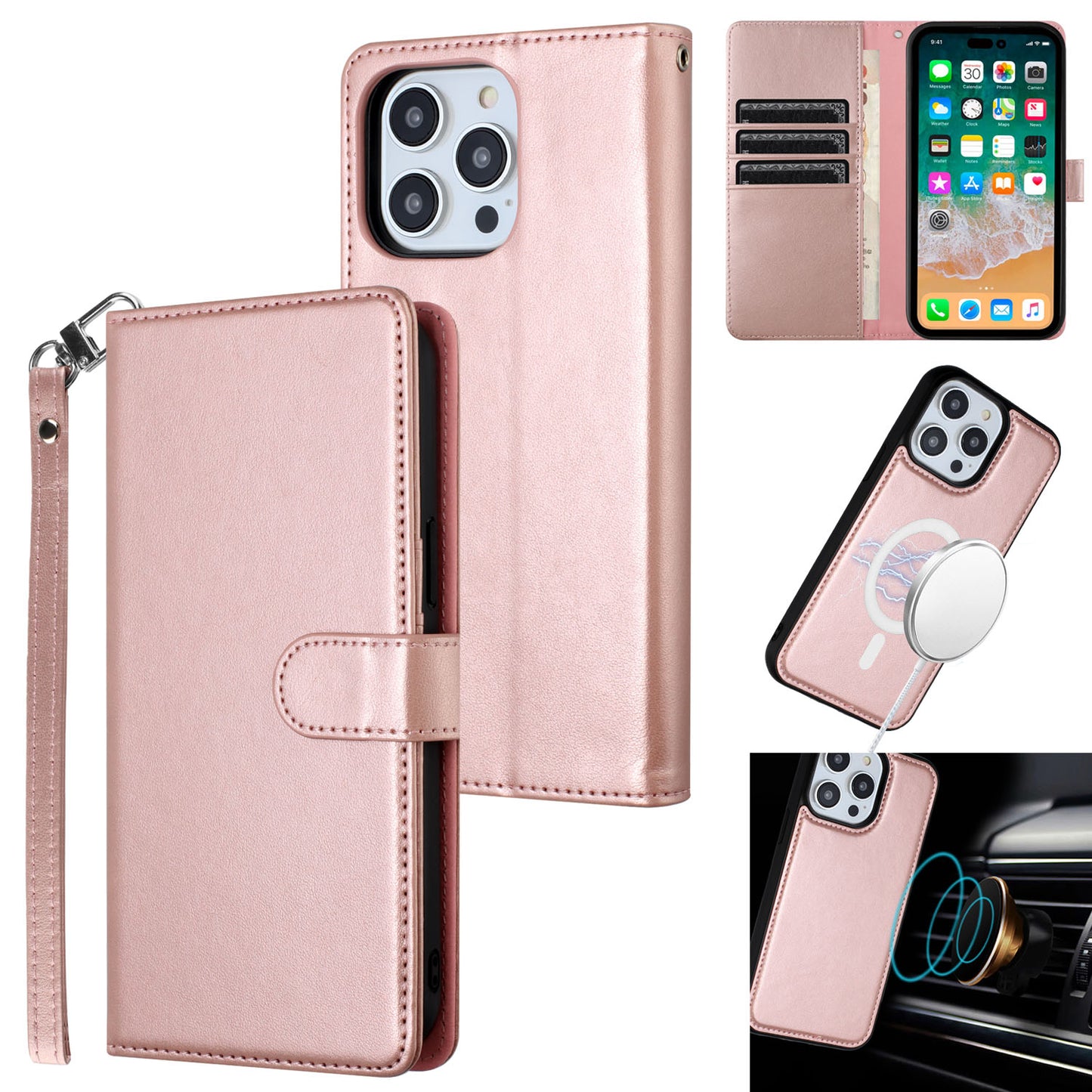 For Apple iPhone 16 Pro (6.3") Deattachable PU Leather Hybrid Wallet Money Credit Card Holder Support Magsafe Charger Case Cover Rose Gold
