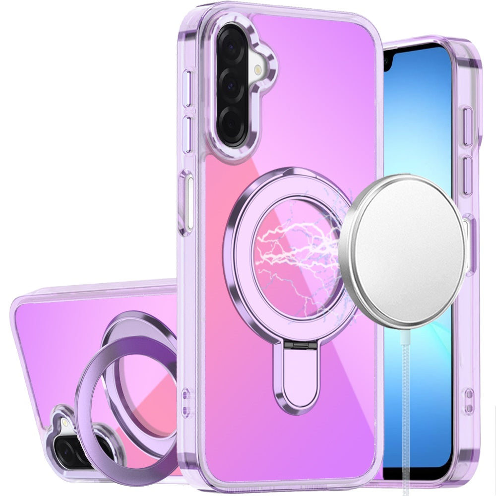 For Samsung Galaxy A17 5G Chrome Hybrid with Rotating Magnetic Circle Ring Stand, Slim Shockproof Hybrid Case Cover