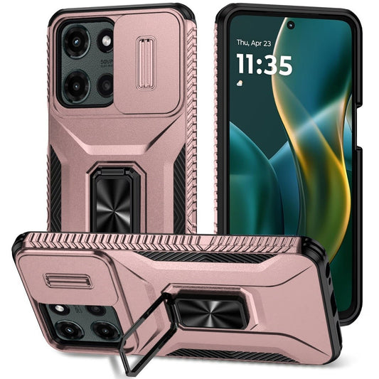 For Motorola Moto G 5G 2025 Case, Camera Cover with Magnetic Rotation Ring Stand, Military Grade Hybrid Hard TPU Shockproof Case Cover Rose Gold