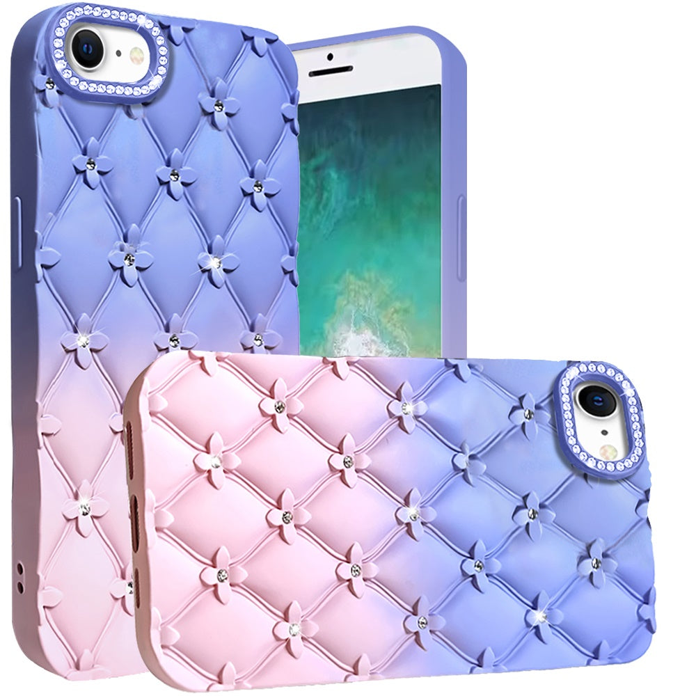 For Apple iPhone SE 4 Fashion Flower Design Sparkle Glitter Shimmer Rhinestone Bling Floral Accents, Leather Texture TPU Case Cover