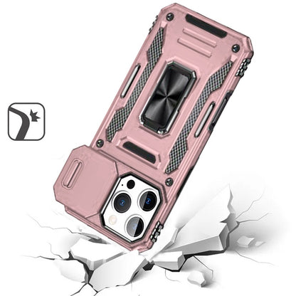 For Apple iPhone 16e Tough Hybrid Case with Movable Camera Window & Metal Ring Stand Shockproof Case Cover Rose gold