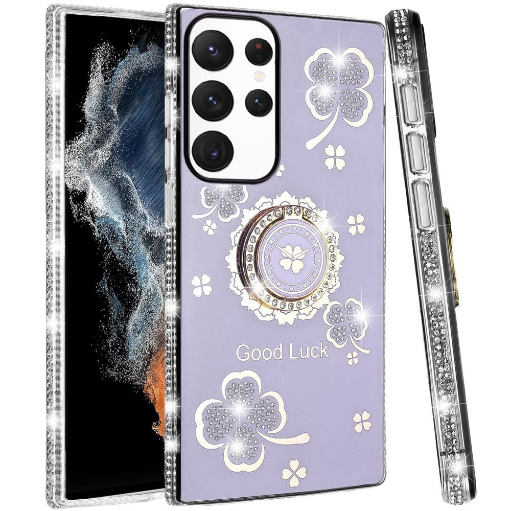 For Samsung Galaxy S22 Ultra Diamonds Bling All Around Edges Sparkly Glitter Hybrid Ring Stand Holder Fashion Good Luck Case Cover