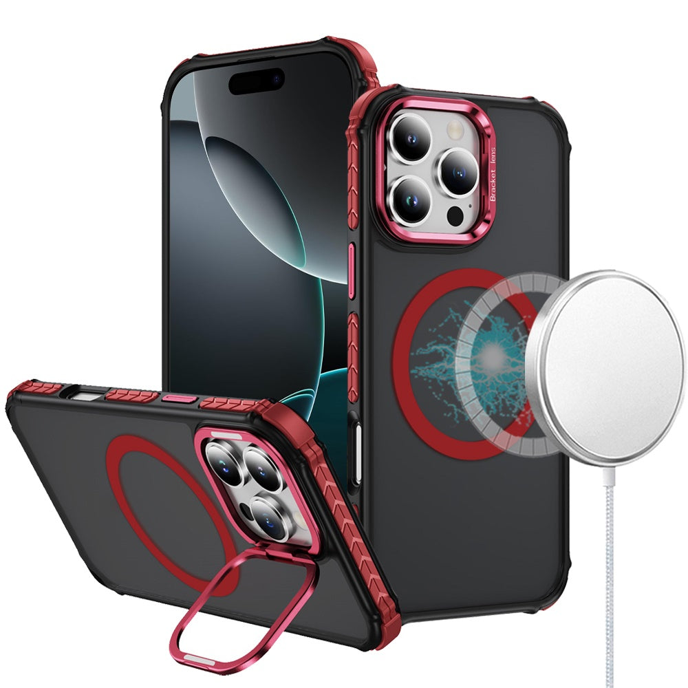 For Apple iPhone 16 Pro (6.3") Hybrid Metal Camera Stand Ring Sturdy, Compatible with MagSafe, Matte Hard TPU Colorful Edge Case Cover