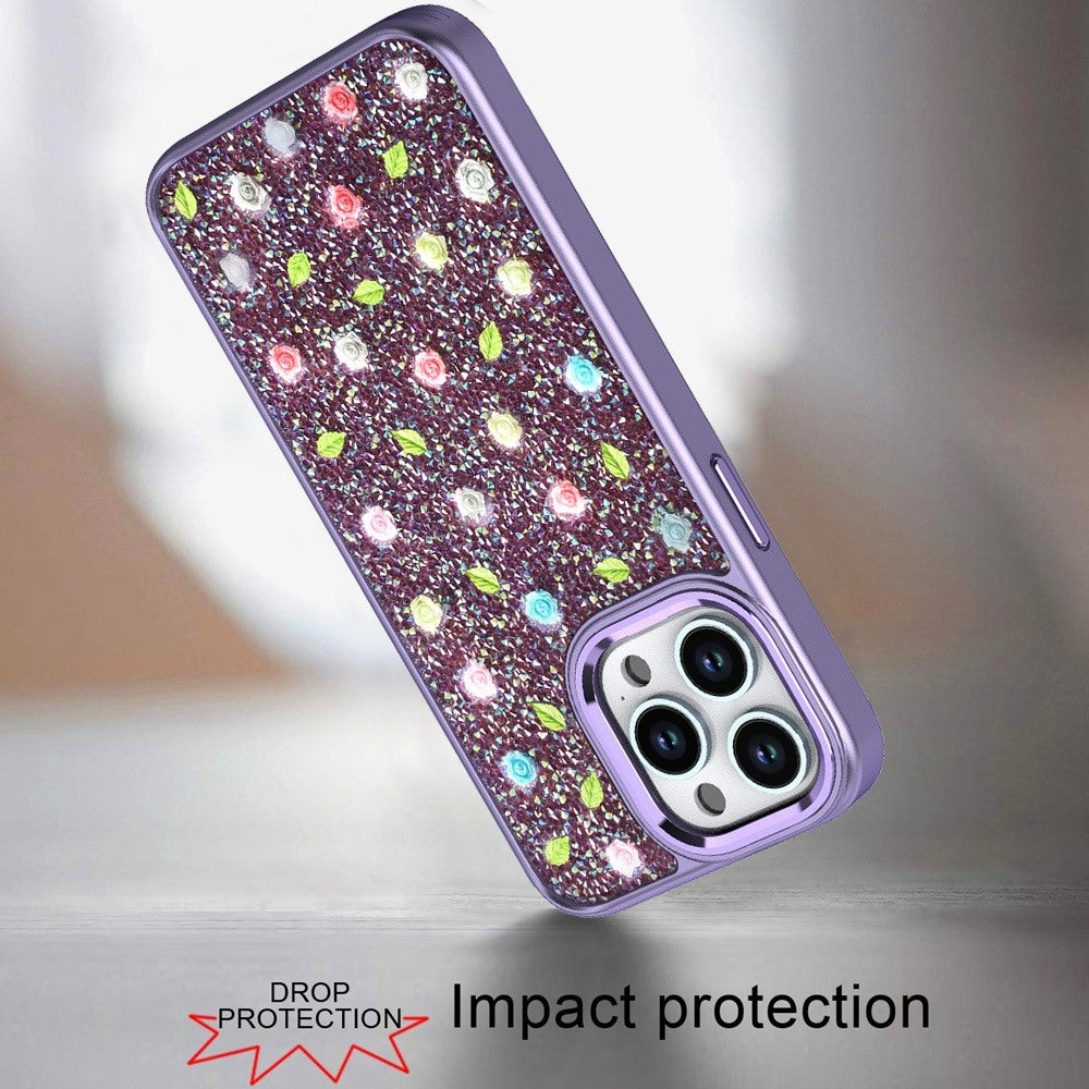 For Apple iPhone 15 Floral Design Embedded Glass Diamond Fancy Fashion Glitter Bling Sparkly Hybrid Rugged TPU Bumper Case Cover Purple
