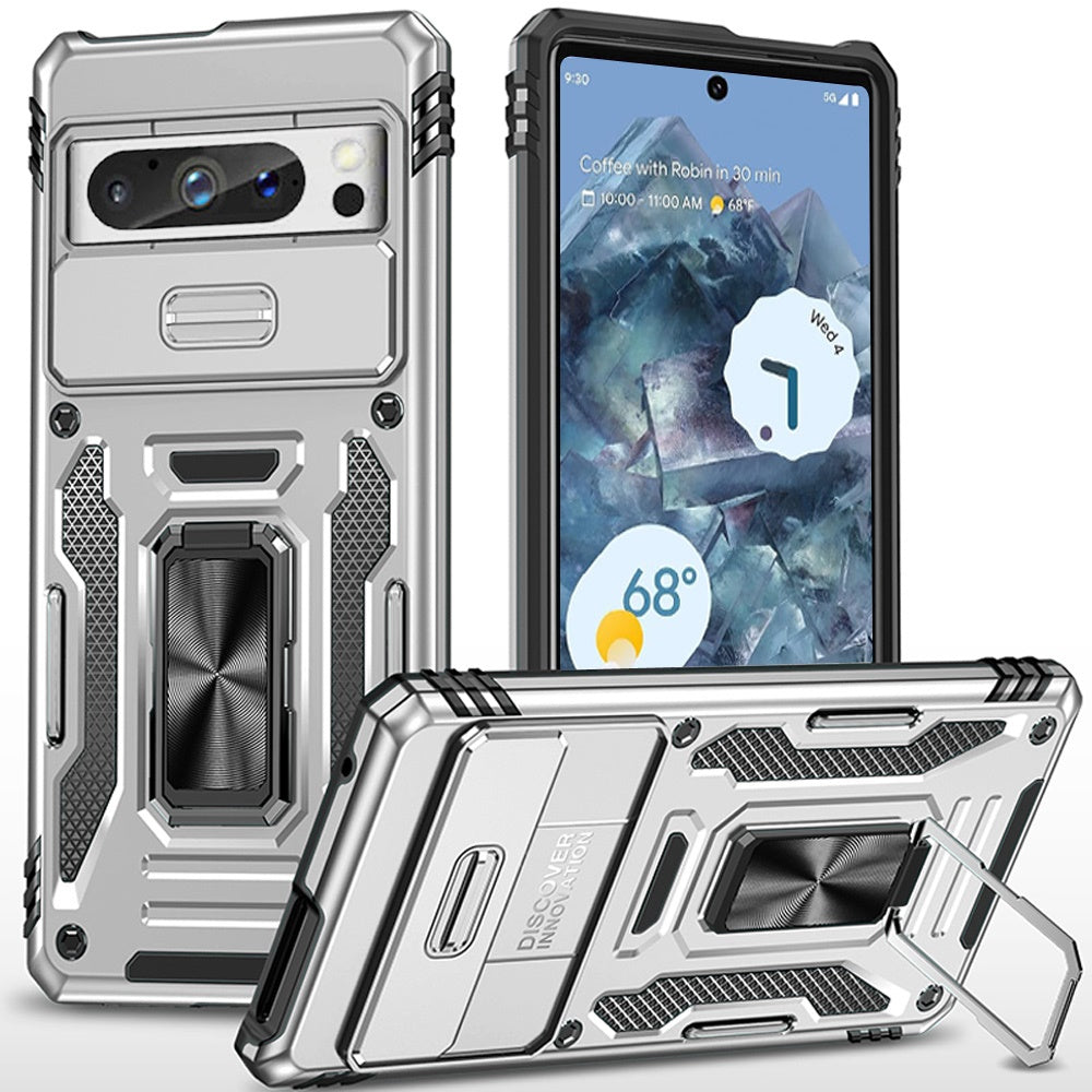 For Apple iPhone 16e Tough Hybrid Case with Movable Camera Window & Metal Ring Stand Shockproof Case Cover Silver